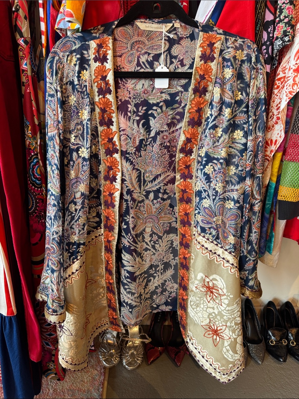 Boho Floral Velvet Trim Kimono Jacket - Navy, Orange, Cream